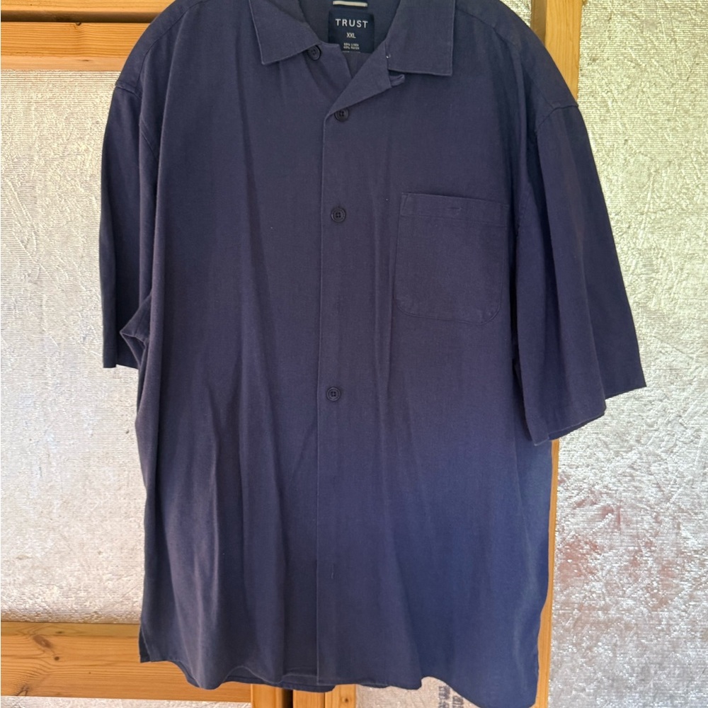 Men's Navy Short-Sleeve Button-Up Linen Pants Suit
